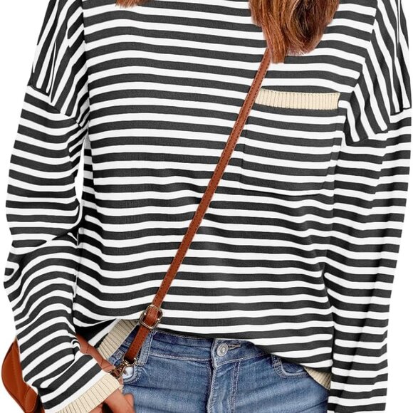 Womens Striped Soft Knit Pullover Sweater Loose Fit Shirts with Chest Pocket - Picture 1 of 5